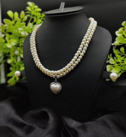 Double-Strand Pearl Necklace with Heart Pendant for Women