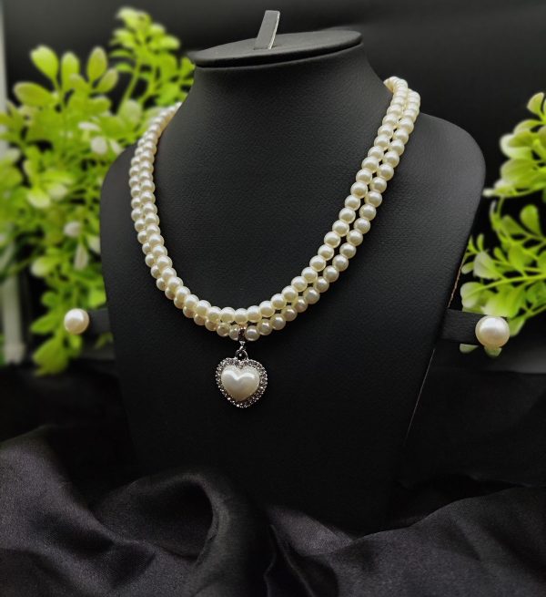 Double-Strand Pearl Necklace with Heart Pendant for Women