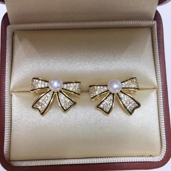 PJT-995 Bow Shape Zircon Pearl Earrings for Women