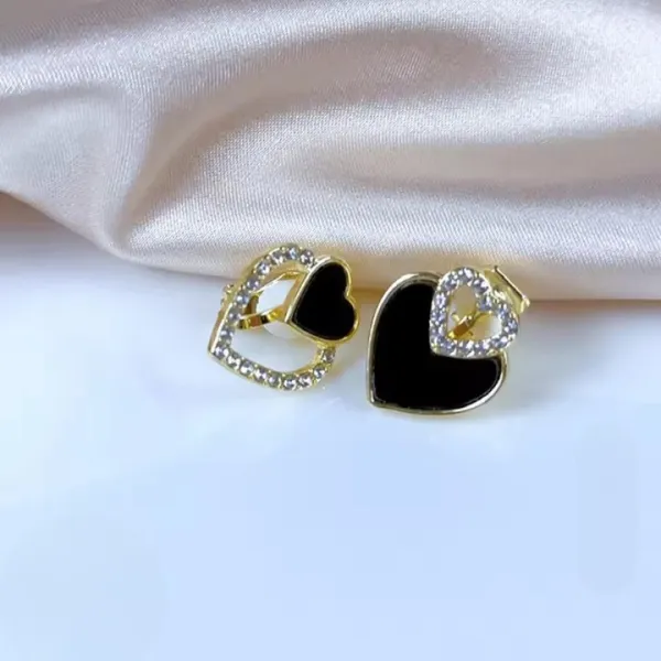 Best korean heart zircon earrings for women black & white crystal studs