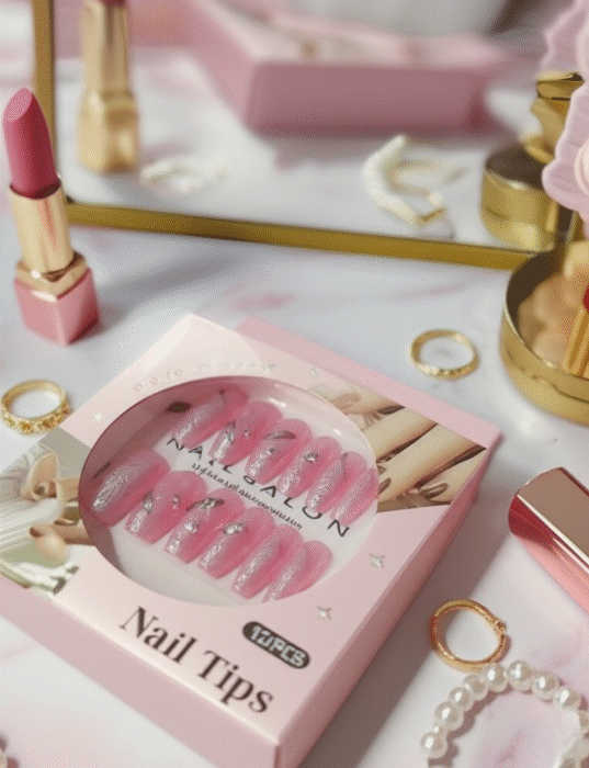 Luxury Pink Nail Tips Set – 12 Pcs Glitter Press-On Nails